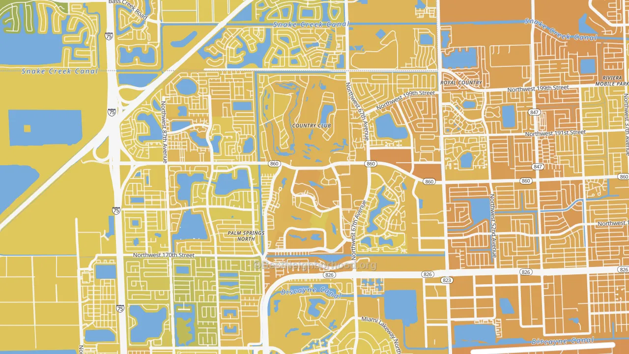Map of the best neighborhoods in the 33015 area, with better matches in green and worse matches in red