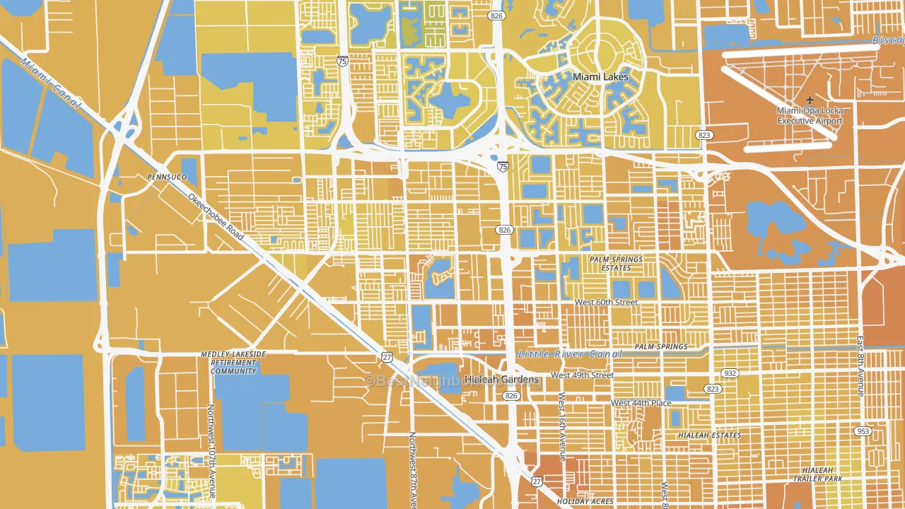 Map of the best neighborhoods in the 33016 area, with better matches in green and worse matches in red
