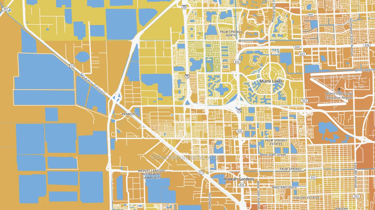 Map of the best neighborhoods in the 33018 area, with better matches in green and worse matches in red