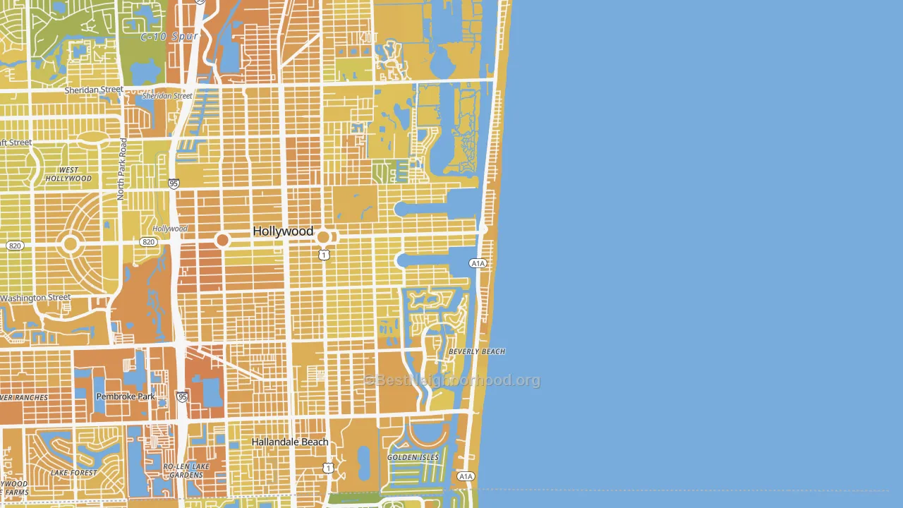 Map of the best neighborhoods in the 33019 area, with better matches in green and worse matches in red