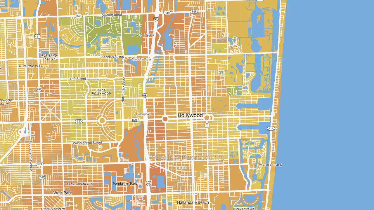 Map of the best neighborhoods in the 33020 area, with better matches in green and worse matches in red