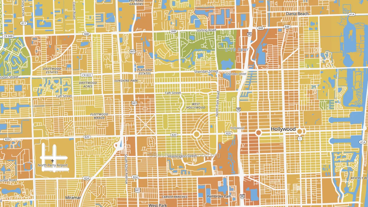 Map of the best neighborhoods in the 33021 area, with better matches in green and worse matches in red