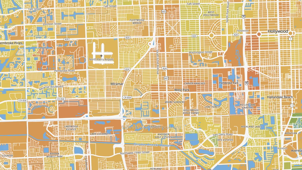 Map of the best neighborhoods in the 33023 area, with better matches in green and worse matches in red
