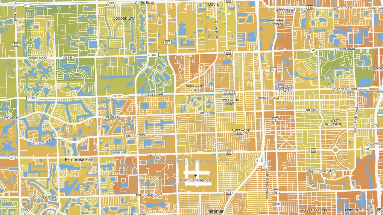 Map of the best neighborhoods in the 33024 area, with better matches in green and worse matches in red