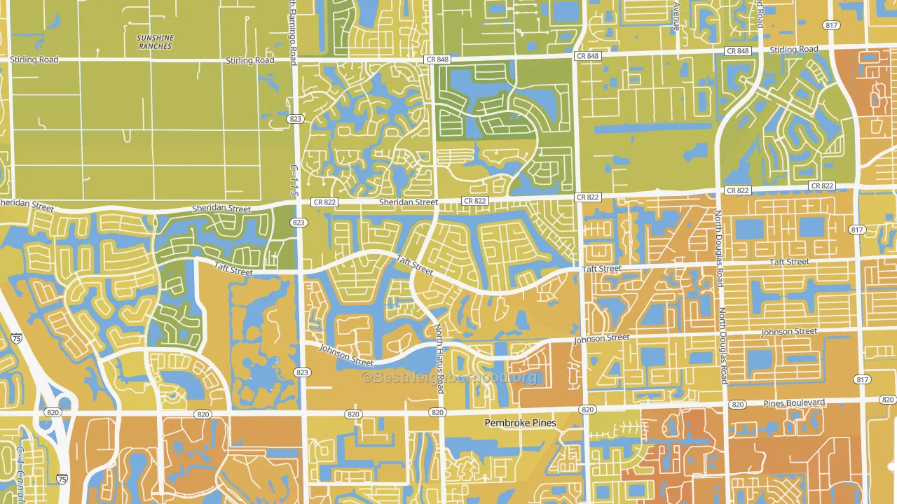 Map of the best neighborhoods in the 33026 area, with better matches in green and worse matches in red
