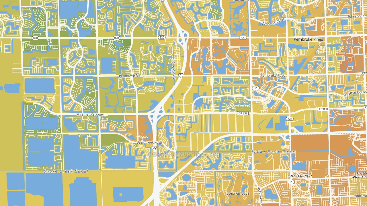 Map of the best neighborhoods in the 33027 area, with better matches in green and worse matches in red