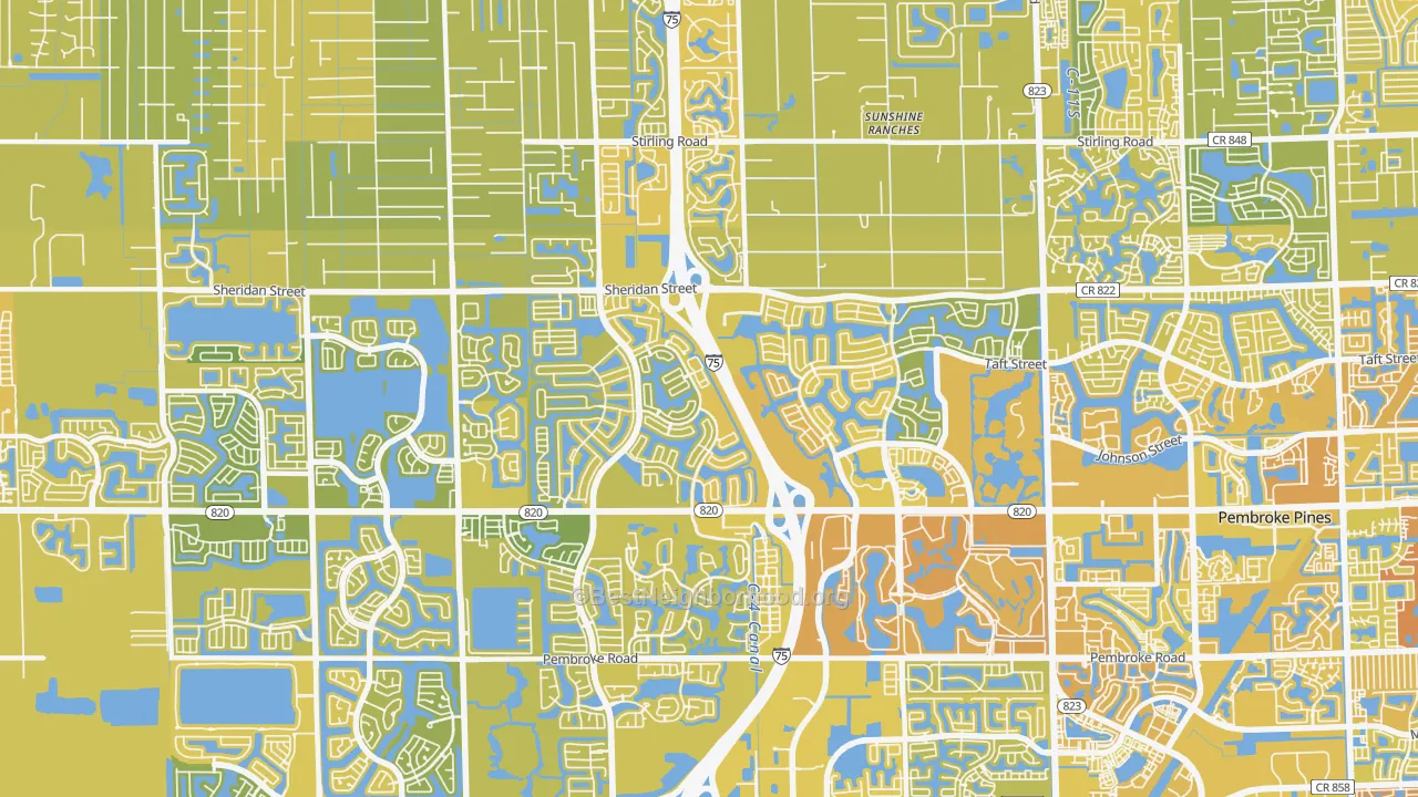 Map of the best neighborhoods in the 33028 area, with better matches in green and worse matches in red