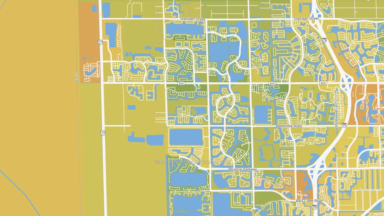 Map of the best neighborhoods in the 33029 area, with better matches in green and worse matches in red