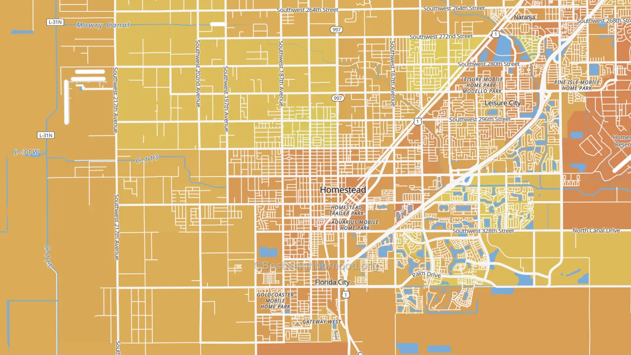 Map of the best neighborhoods in the 33030 area, with better matches in green and worse matches in red