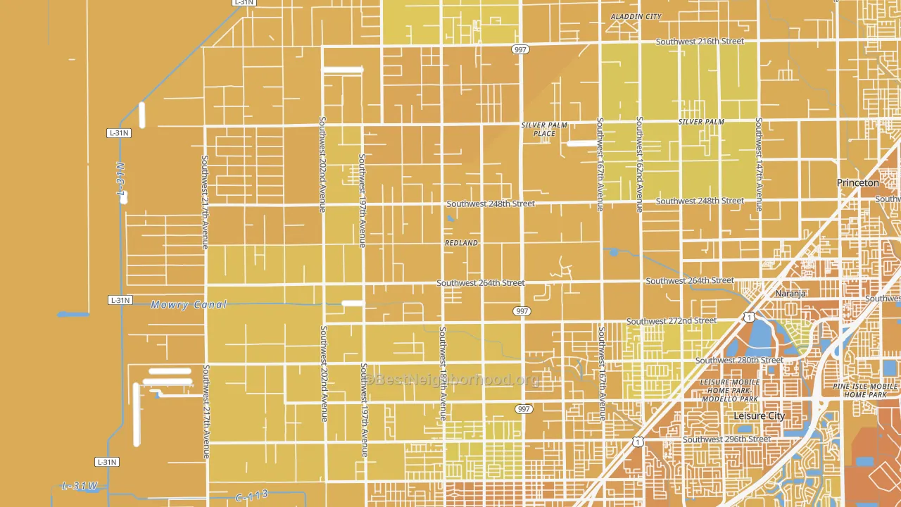 Map of the best neighborhoods in the 33031 area, with better matches in green and worse matches in red
