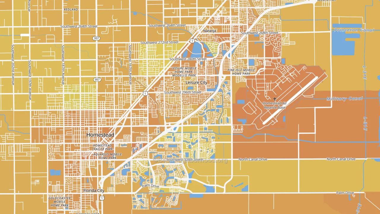 Map of the best neighborhoods in the 33033 area, with better matches in green and worse matches in red