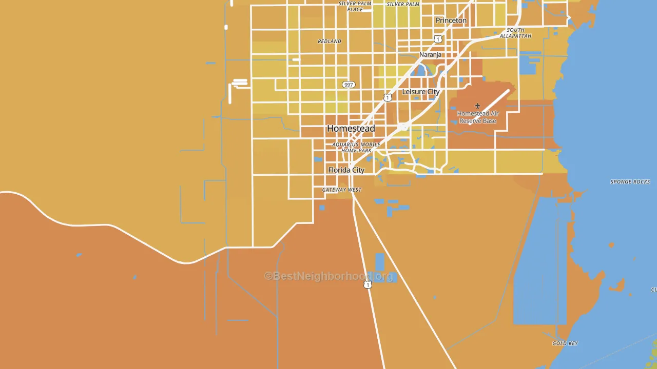 Map of the best neighborhoods in the 33034 area, with better matches in green and worse matches in red