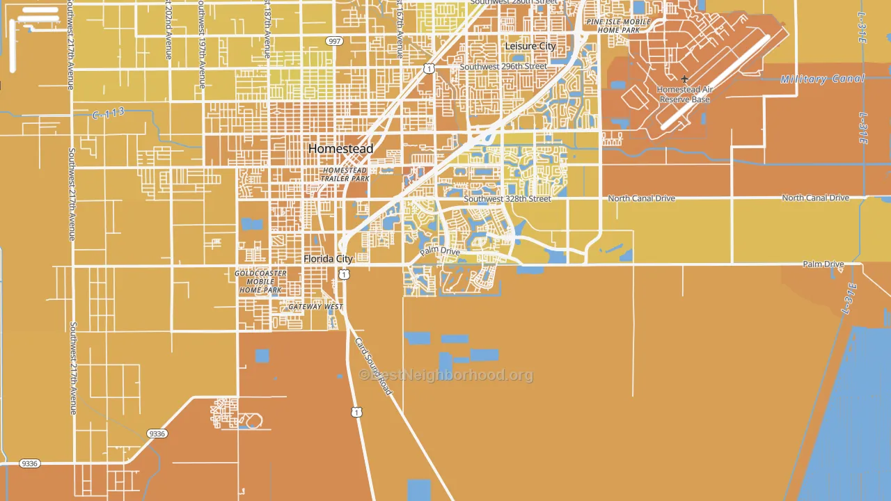 Map of the best neighborhoods in the 33035 area, with better matches in green and worse matches in red