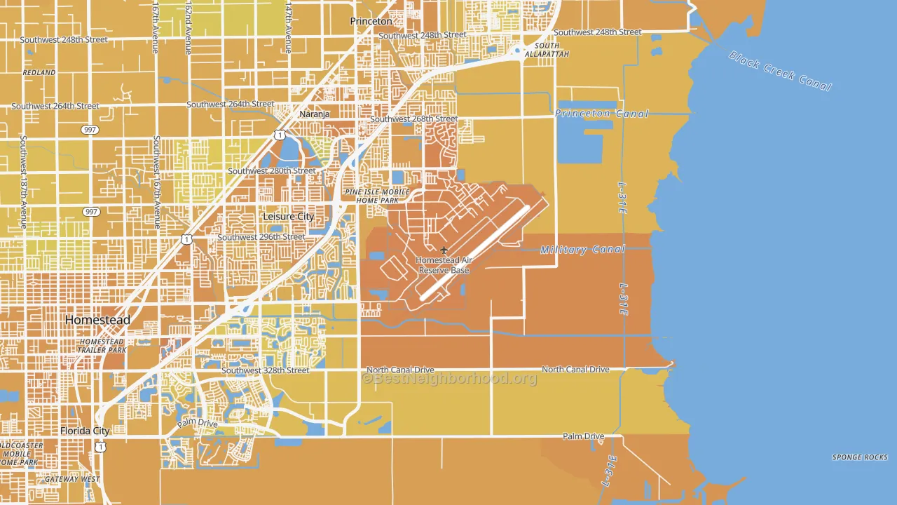 Map of the best neighborhoods in the 33039 area, with better matches in green and worse matches in red