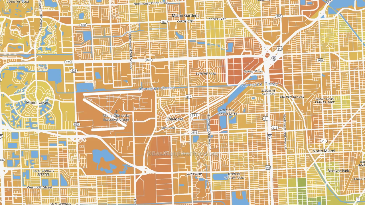 Map of the best neighborhoods in the 33054 area, with better matches in green and worse matches in red