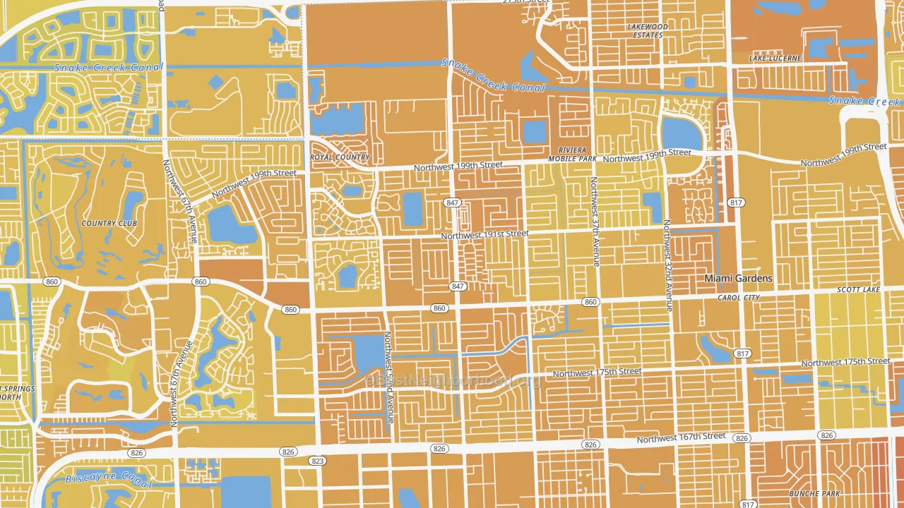 Map of the best neighborhoods in the 33055 area, with better matches in green and worse matches in red