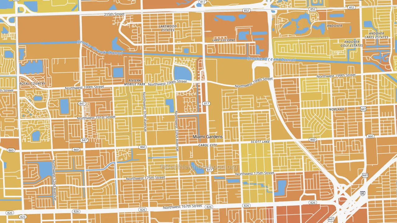 Map of the best neighborhoods in the 33056 area, with better matches in green and worse matches in red