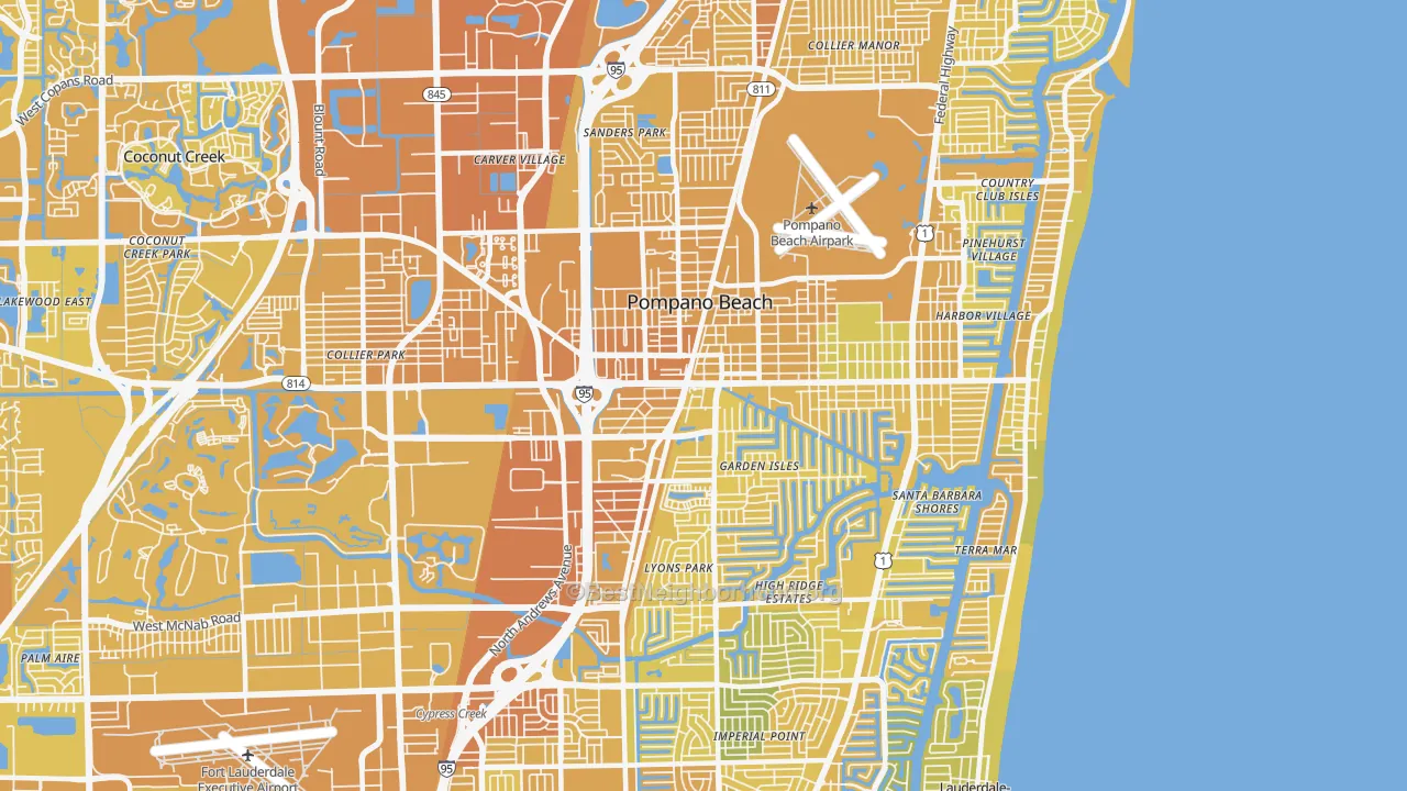 Map of the best neighborhoods in the 33060 area, with better matches in green and worse matches in red