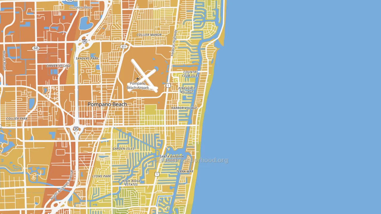 Map of the best neighborhoods in the 33062 area, with better matches in green and worse matches in red