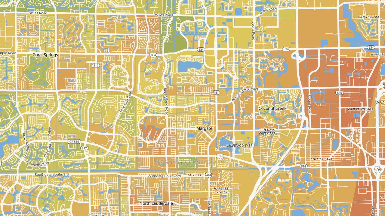 Map of the best neighborhoods in the 33063 area, with better matches in green and worse matches in red