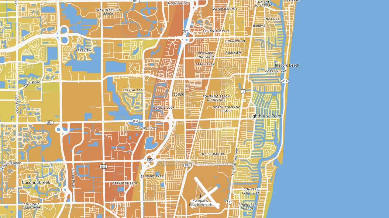 Map of the best neighborhoods in the 33064 area, with better matches in green and worse matches in red