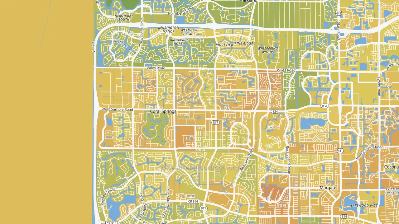 Map of the best neighborhoods in the 33065 area, with better matches in green and worse matches in red