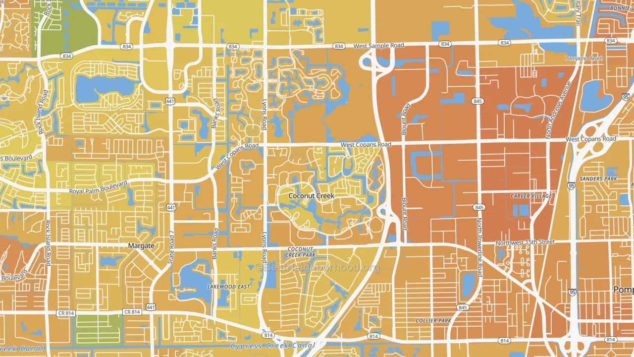 Map of the best neighborhoods in the 33066 area, with better matches in green and worse matches in red
