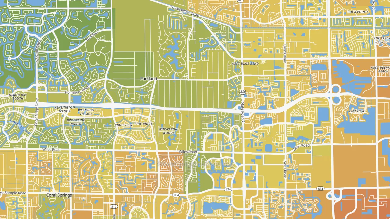 Map of the best neighborhoods in the 33067 area, with better matches in green and worse matches in red