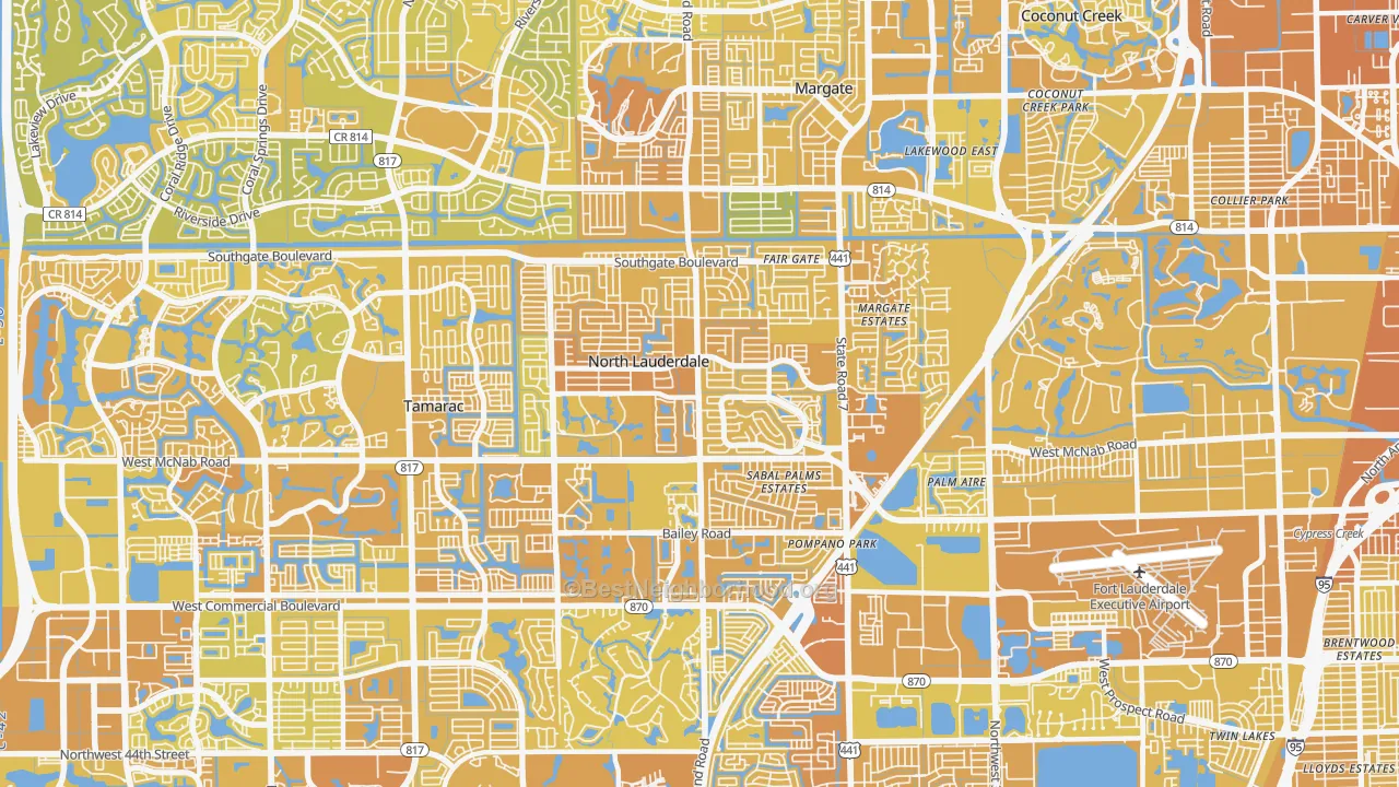 Map of the best neighborhoods in the 33068 area, with better matches in green and worse matches in red