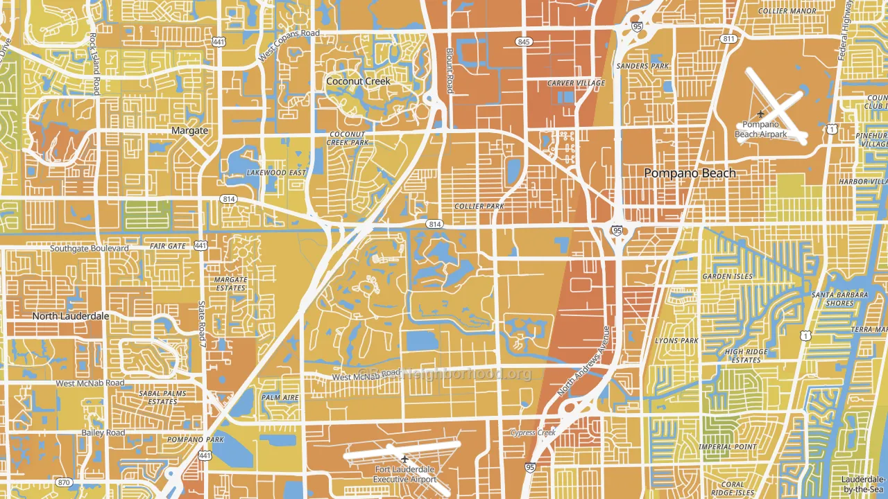 Map of the best neighborhoods in the 33069 area, with better matches in green and worse matches in red