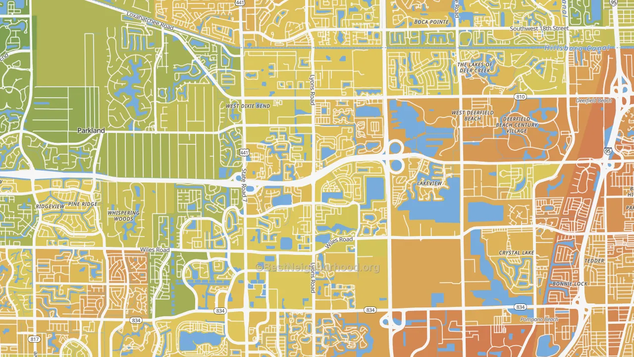 Map of the best neighborhoods in the 33073 area, with better matches in green and worse matches in red
