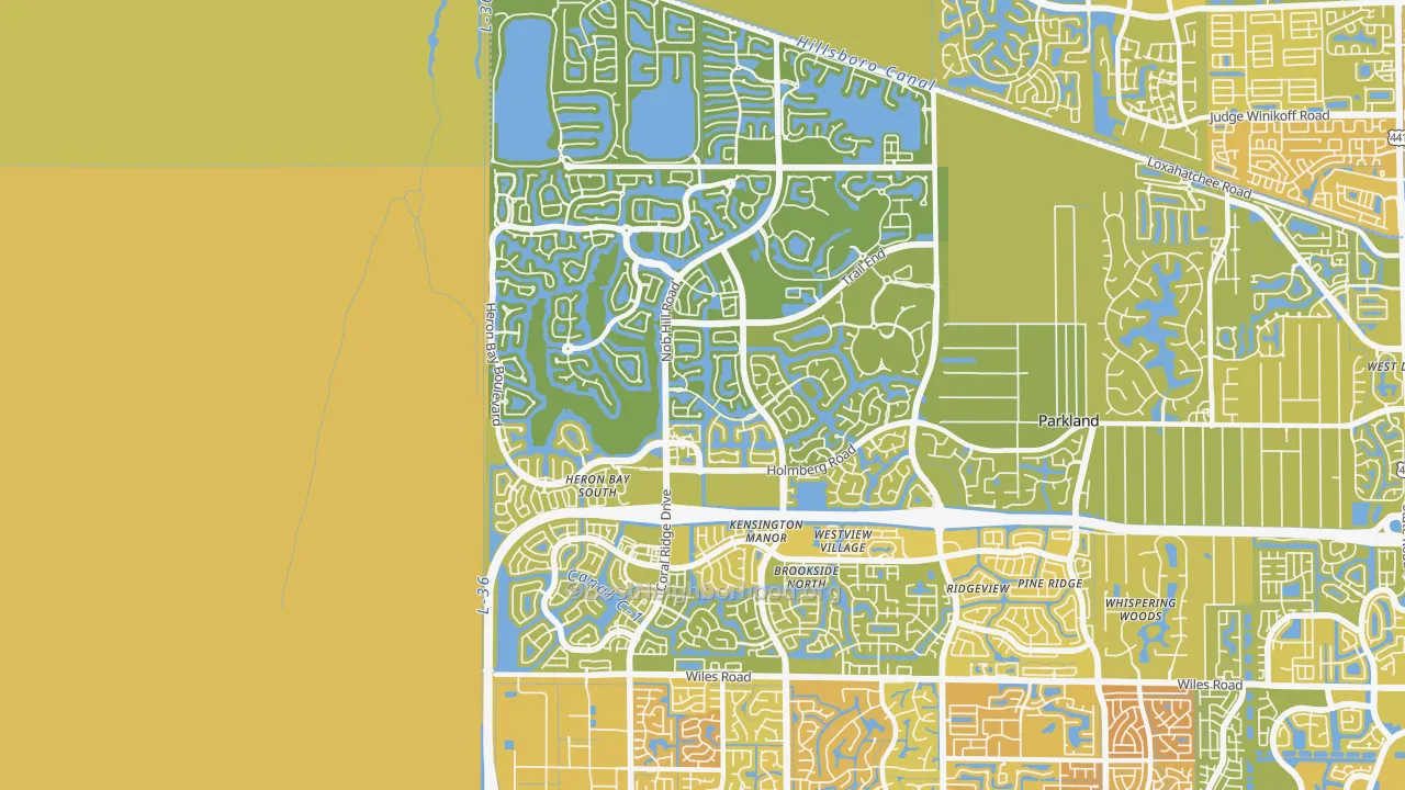 Map of the best neighborhoods in the 33076 area, with better matches in green and worse matches in red