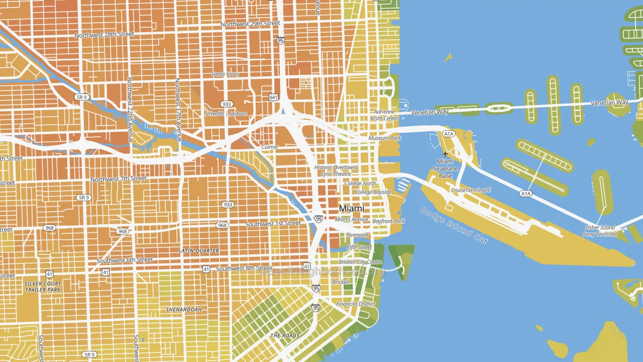 Map of the best neighborhoods in the 33101 area, with better matches in green and worse matches in red