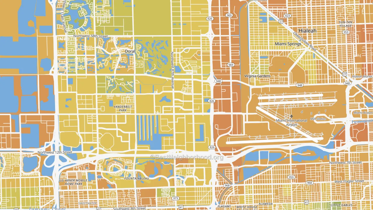 Map of the best neighborhoods in the 33122 area, with better matches in green and worse matches in red
