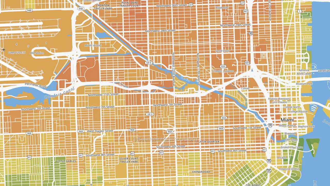 Map of the best neighborhoods in the 33125 area, with better matches in green and worse matches in red