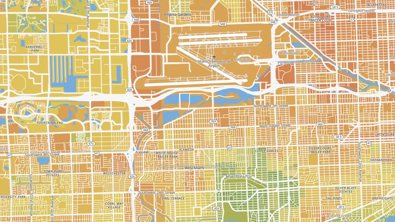 Map of the best neighborhoods in the 33126 area, with better matches in green and worse matches in red