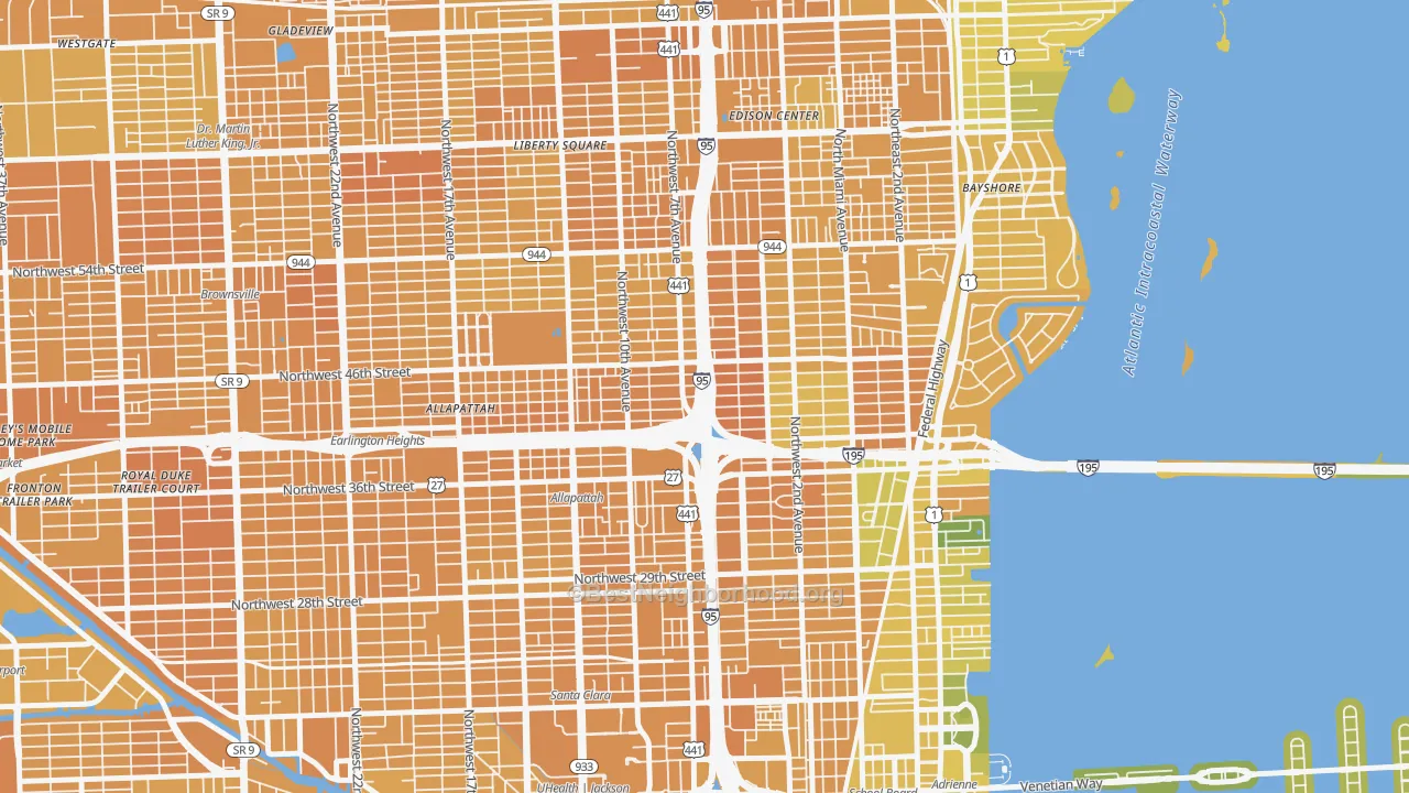Map of the best neighborhoods in the 33127 area, with better matches in green and worse matches in red