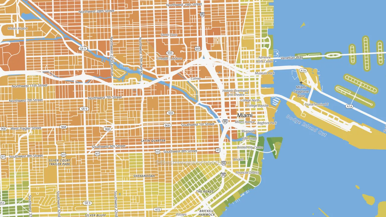 Map of the best neighborhoods in the 33128 area, with better matches in green and worse matches in red