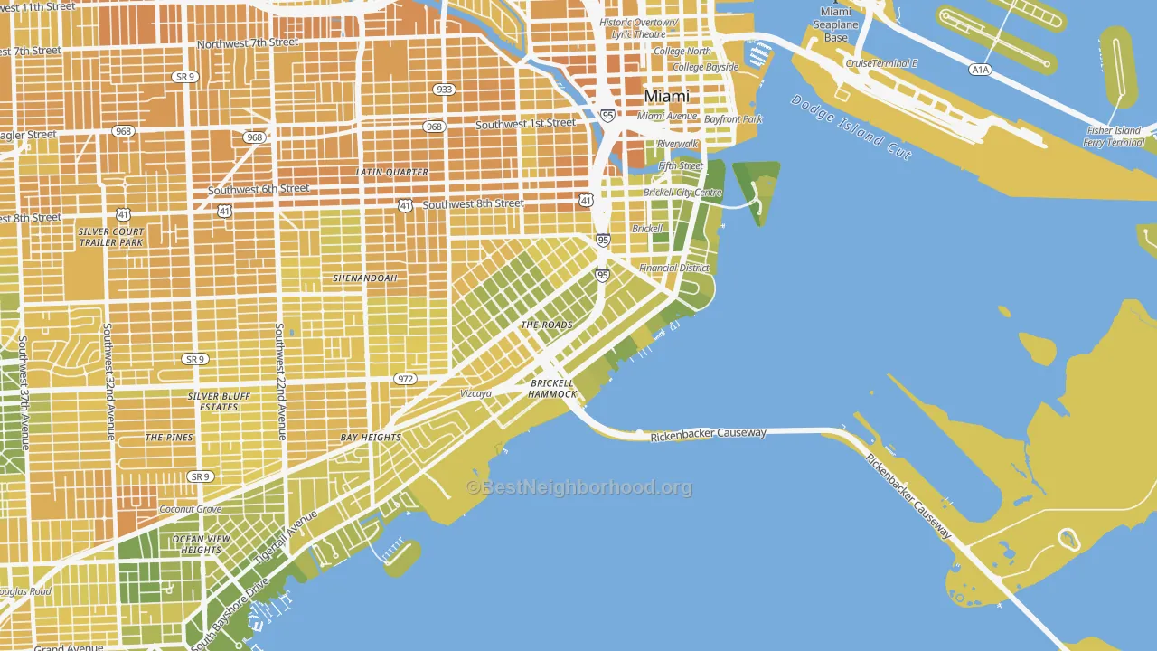 Map of the best neighborhoods in the 33129 area, with better matches in green and worse matches in red