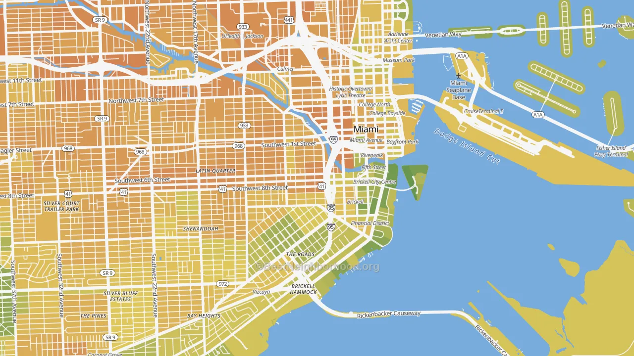 Map of the best neighborhoods in the 33130 area, with better matches in green and worse matches in red