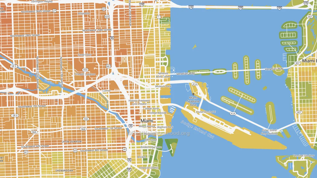 Map of the best neighborhoods in the 33132 area, with better matches in green and worse matches in red