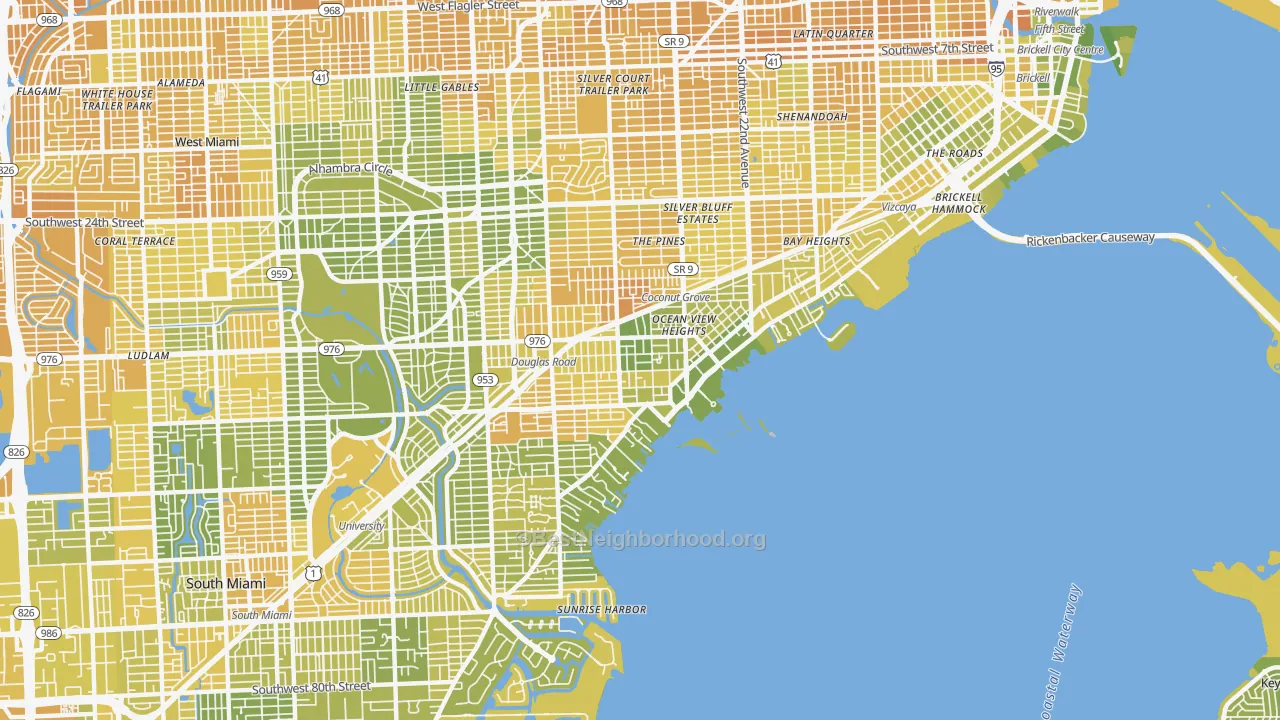 Map of the best neighborhoods in the 33133 area, with better matches in green and worse matches in red