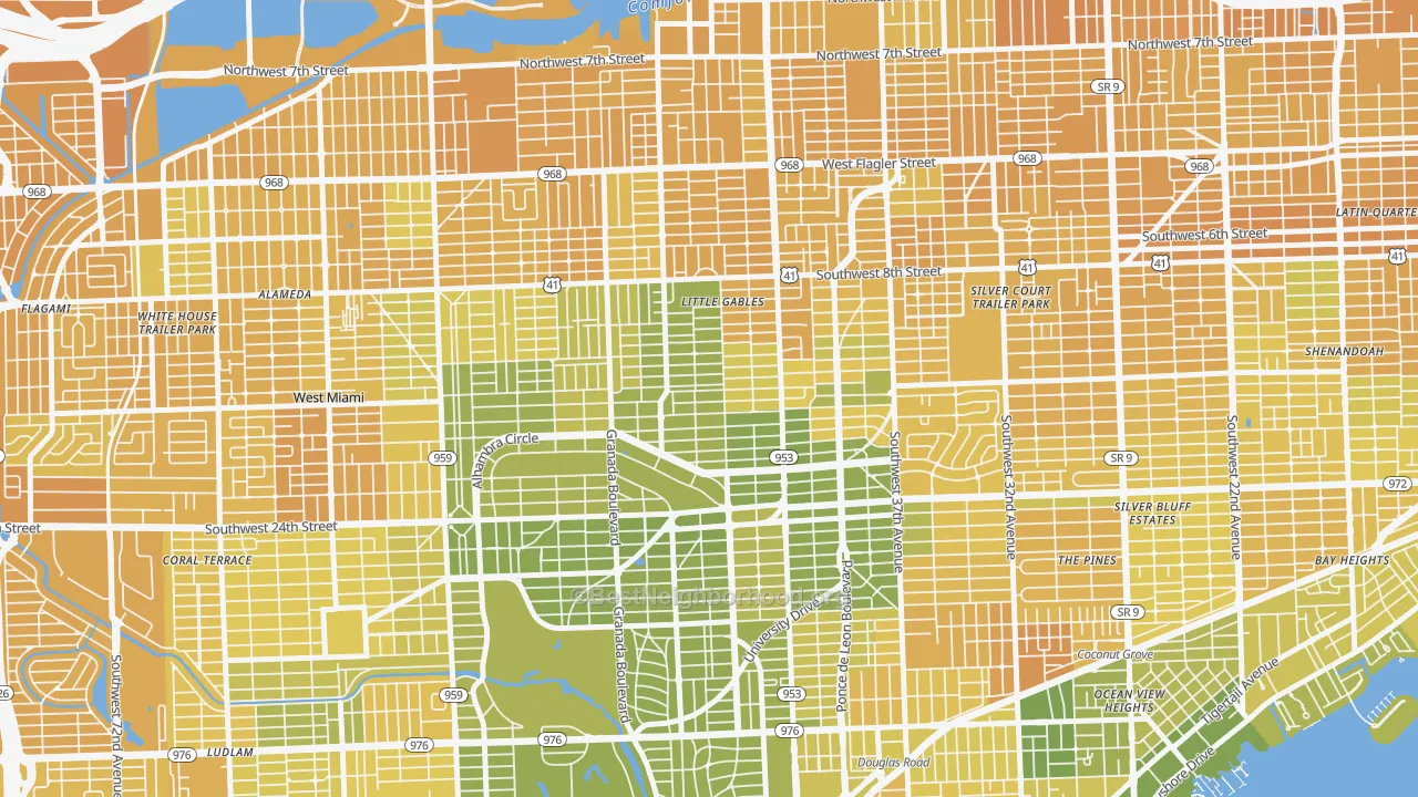 Map of the best neighborhoods in the 33134 area, with better matches in green and worse matches in red