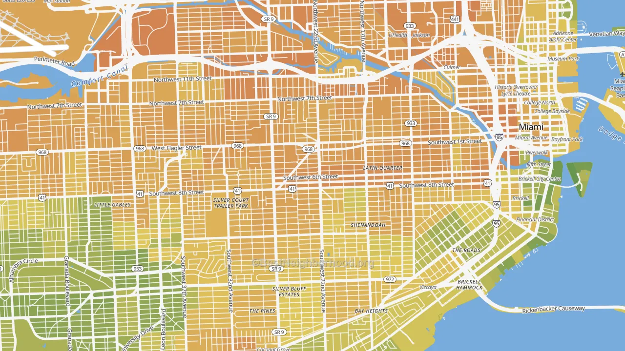 Map of the best neighborhoods in the 33135 area, with better matches in green and worse matches in red
