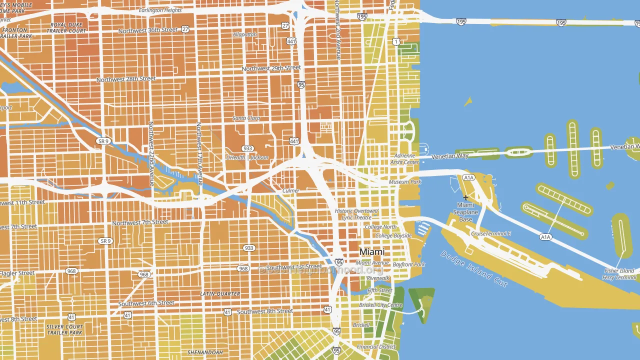 Map of the best neighborhoods in the 33136 area, with better matches in green and worse matches in red