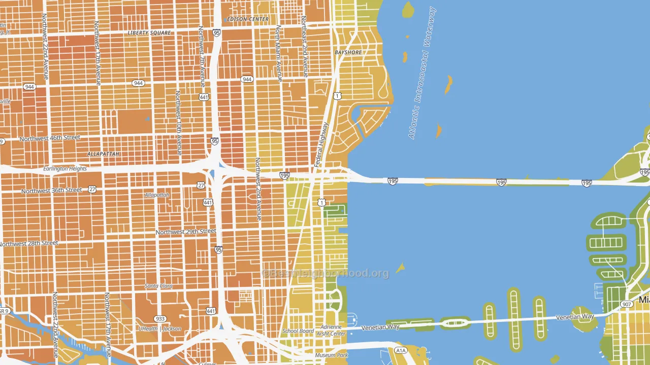 Map of the best neighborhoods in the 33137 area, with better matches in green and worse matches in red