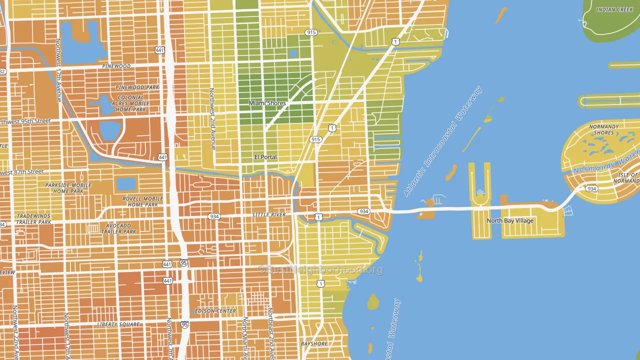 Map of the best neighborhoods in the 33138 area, with better matches in green and worse matches in red