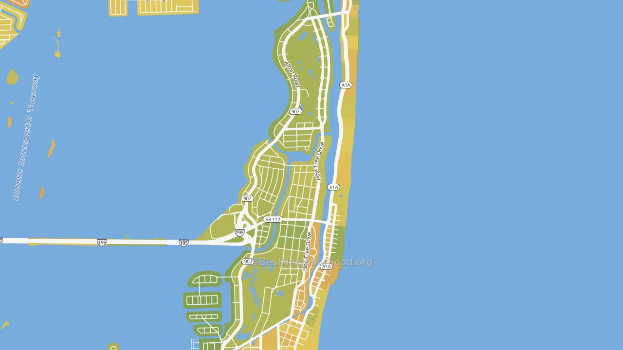 Map of the best neighborhoods in the 33140 area, with better matches in green and worse matches in red