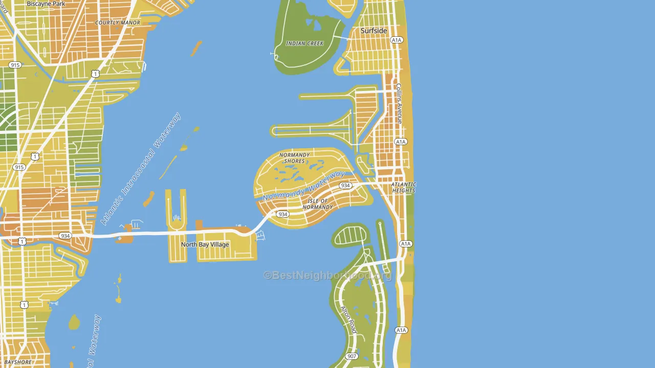 Map of the best neighborhoods in the 33141 area, with better matches in green and worse matches in red