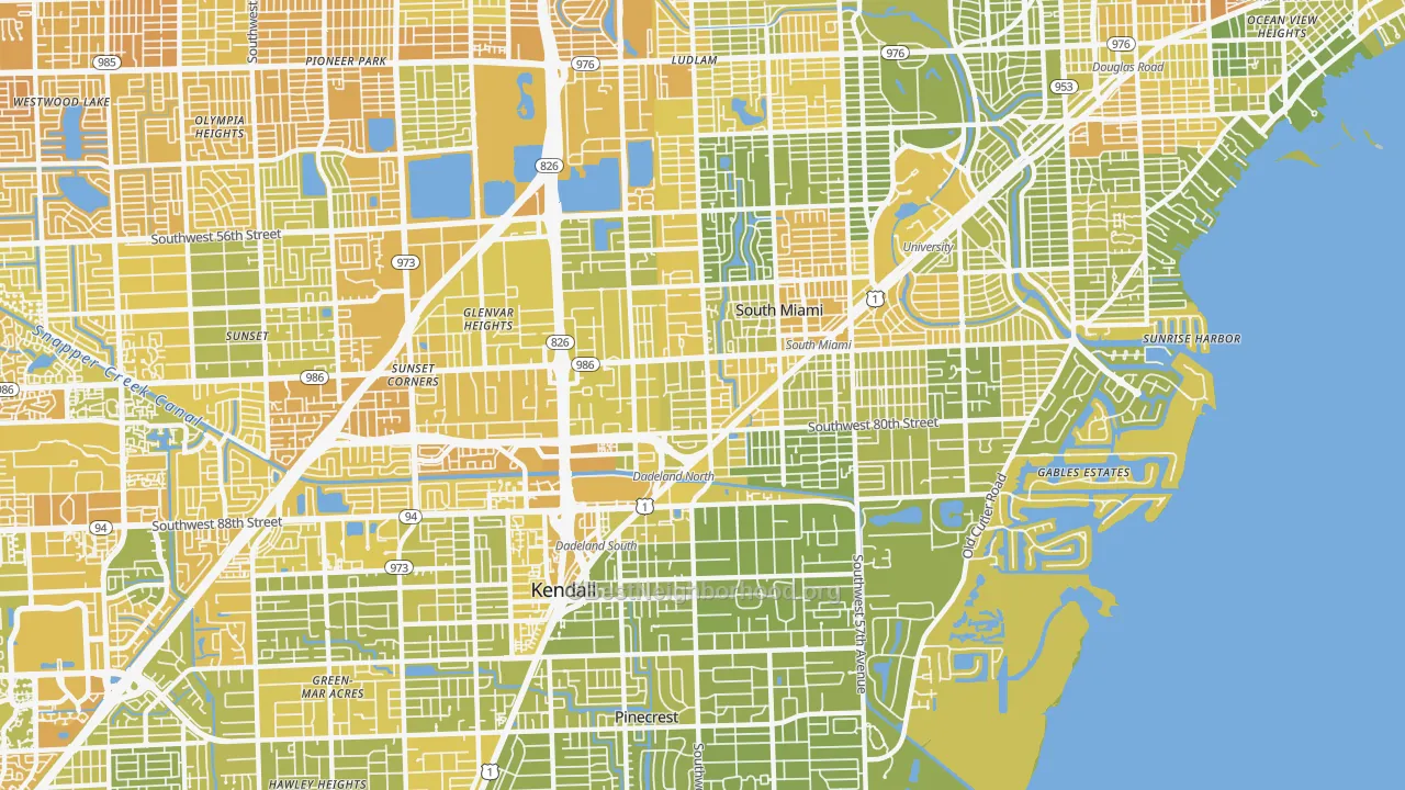 Map of the best neighborhoods in the 33143 area, with better matches in green and worse matches in red